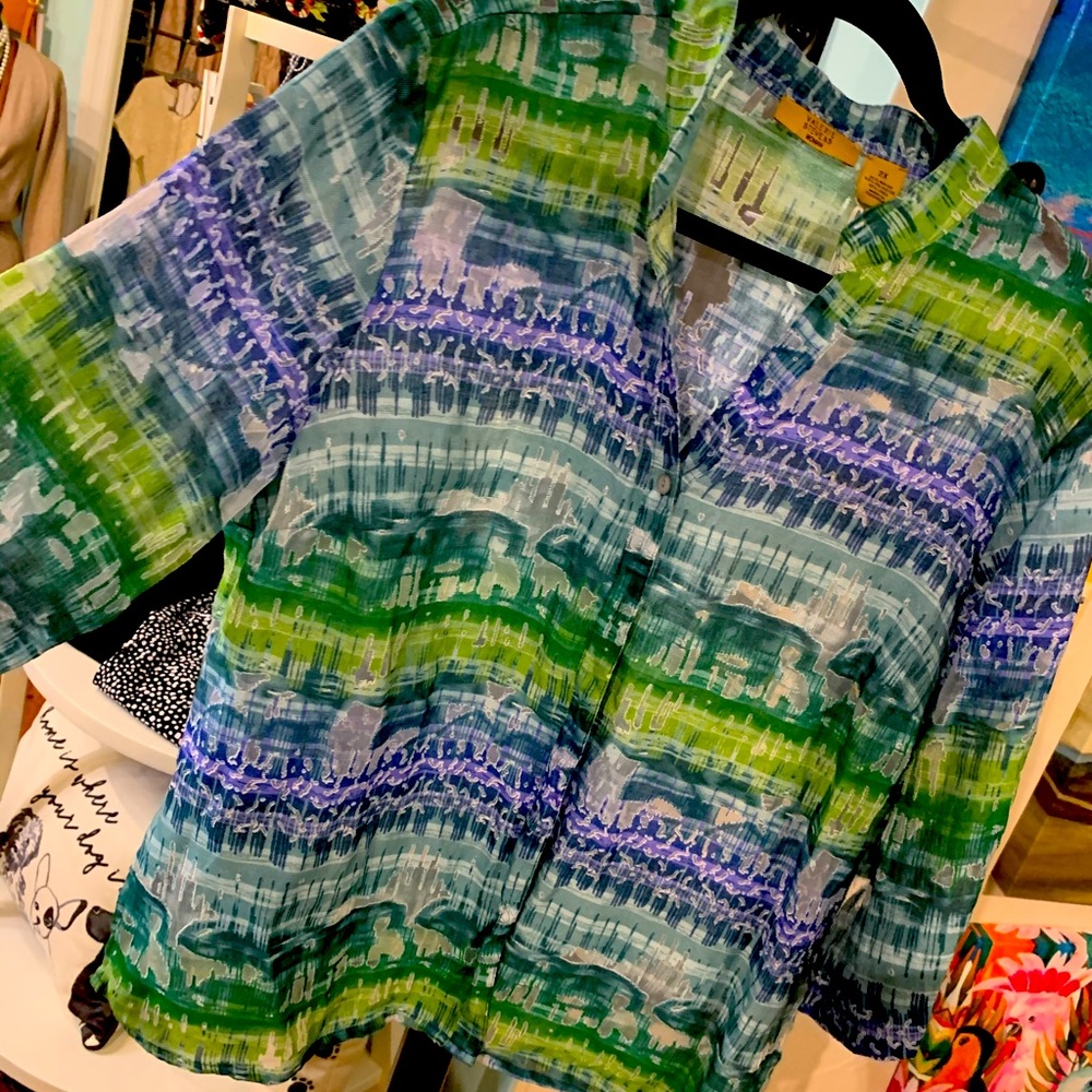 Blue, green and white linen shirt